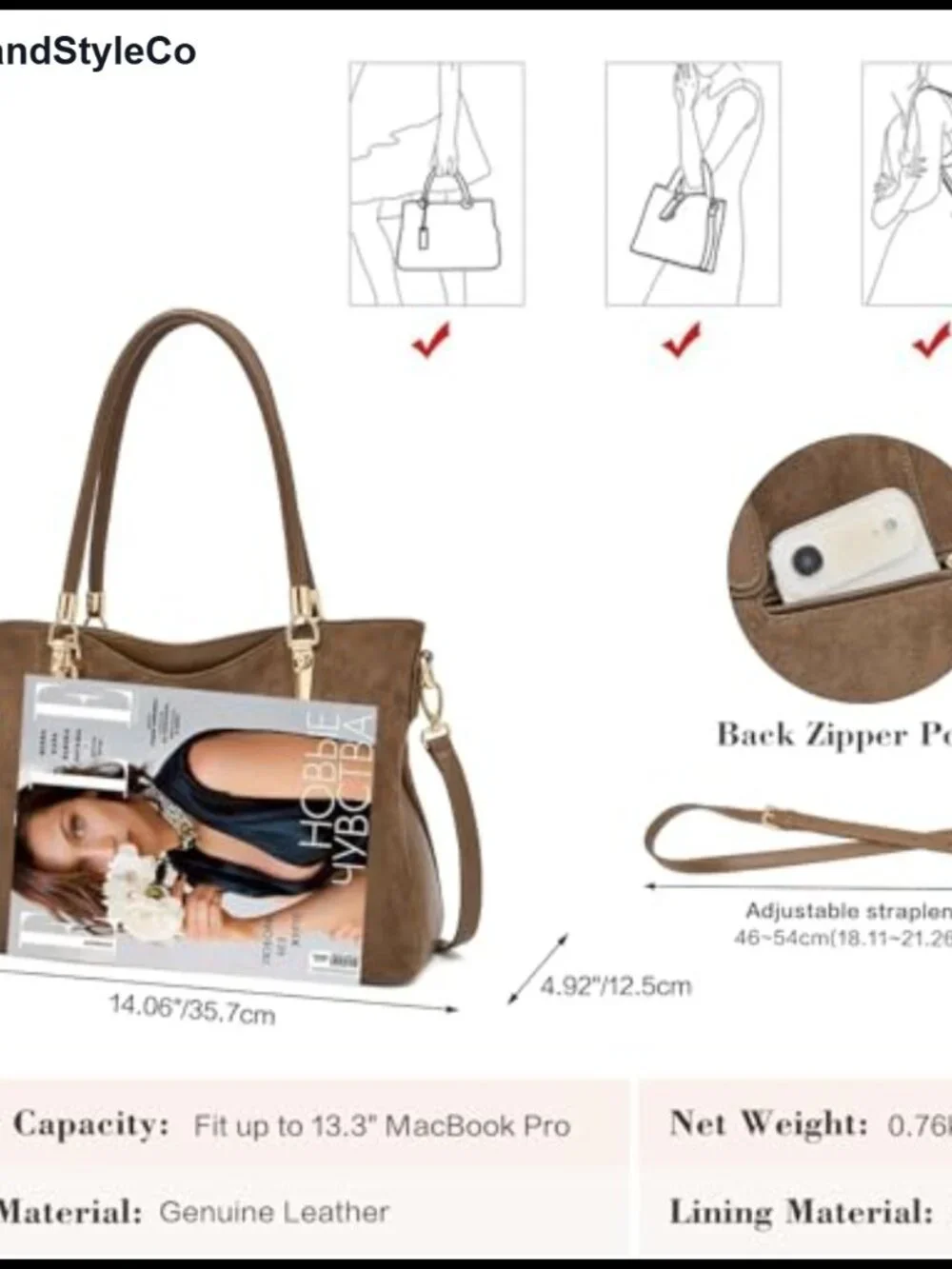 Genuine Leather Medium Tote Bag with Matching Wallet Set